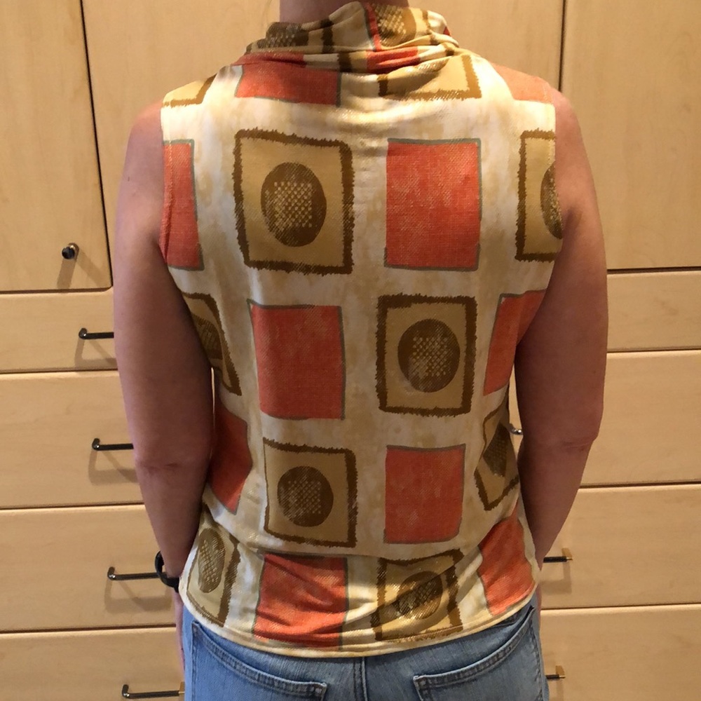 Sleeveless Geometric Print Cowl Neck Top - Orange/Gold - Picture 3 of 13